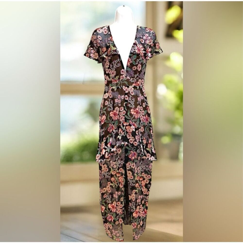 Free People For Love & Lemons $295 Silk ViVi Flora Cleo Burnout Maxi Dress Sz XS